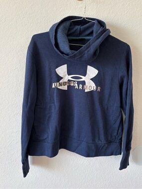 Under Armour Navy and White Logo Pullover Cowl Neck Hoodie